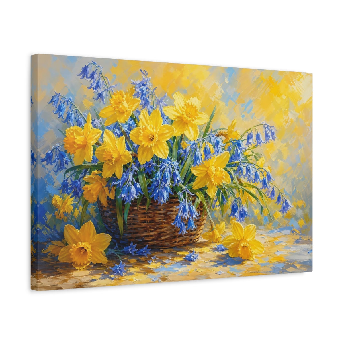 Side Mockup 3. Floral Daffodils Bluebells Yellow And Blue Flowers shown as stretched canvas wall art