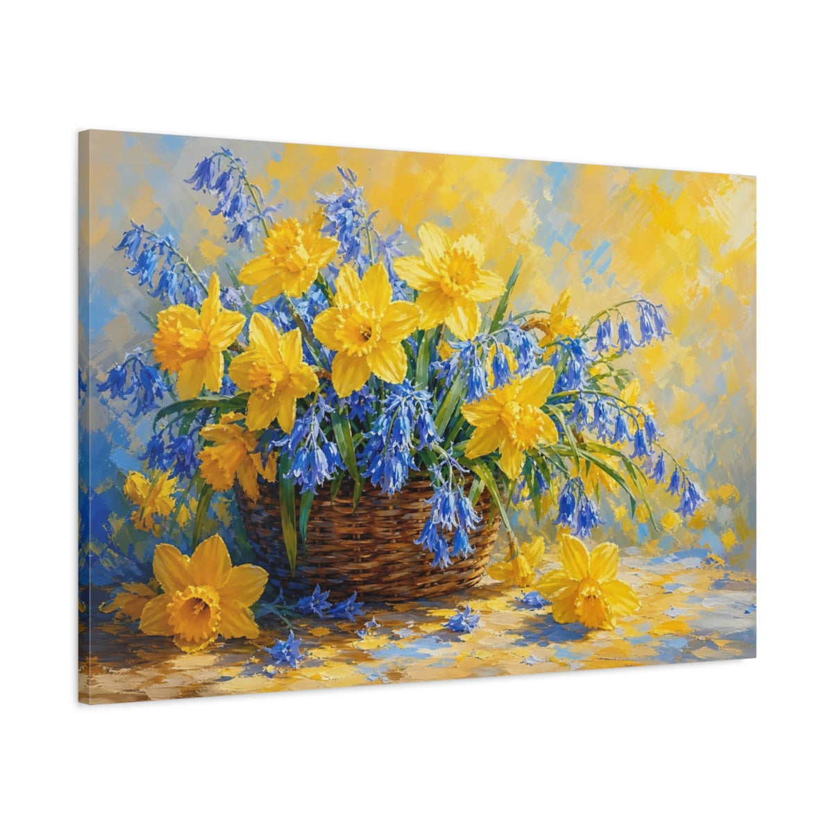 Main Mockup. Floral Daffodils Bluebells Yellow And Blue Flowers shown as stretched canvas wall art