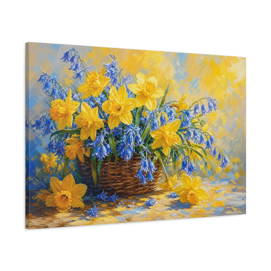 Main Mockup. Floral Daffodils Bluebells Yellow And Blue Flowers shown as stretched canvas wall art