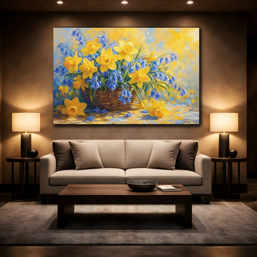 Mockup 2. Floral Daffodils Bluebells Yellow And Blue Flowers shown as stretched canvas wall art