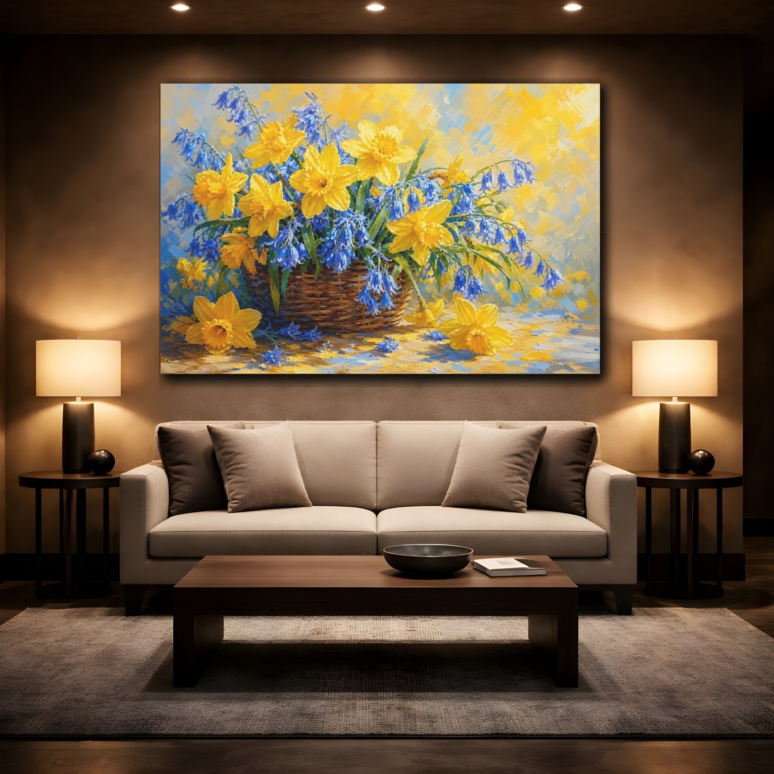 Mockup 2. Floral Daffodils Bluebells Yellow And Blue Flowers shown as stretched canvas wall art