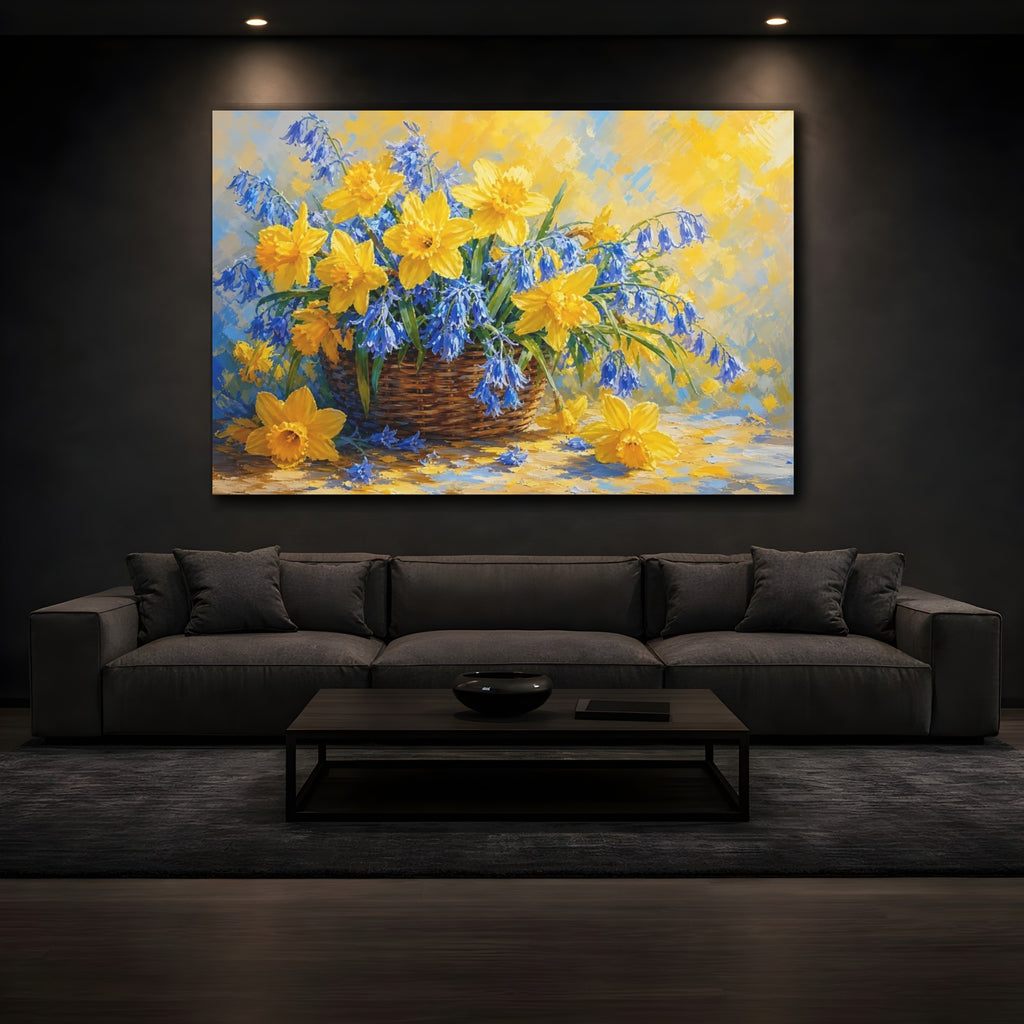 Mockup 3. Floral Daffodils Bluebells Yellow And Blue Flowers shown as stretched canvas wall art