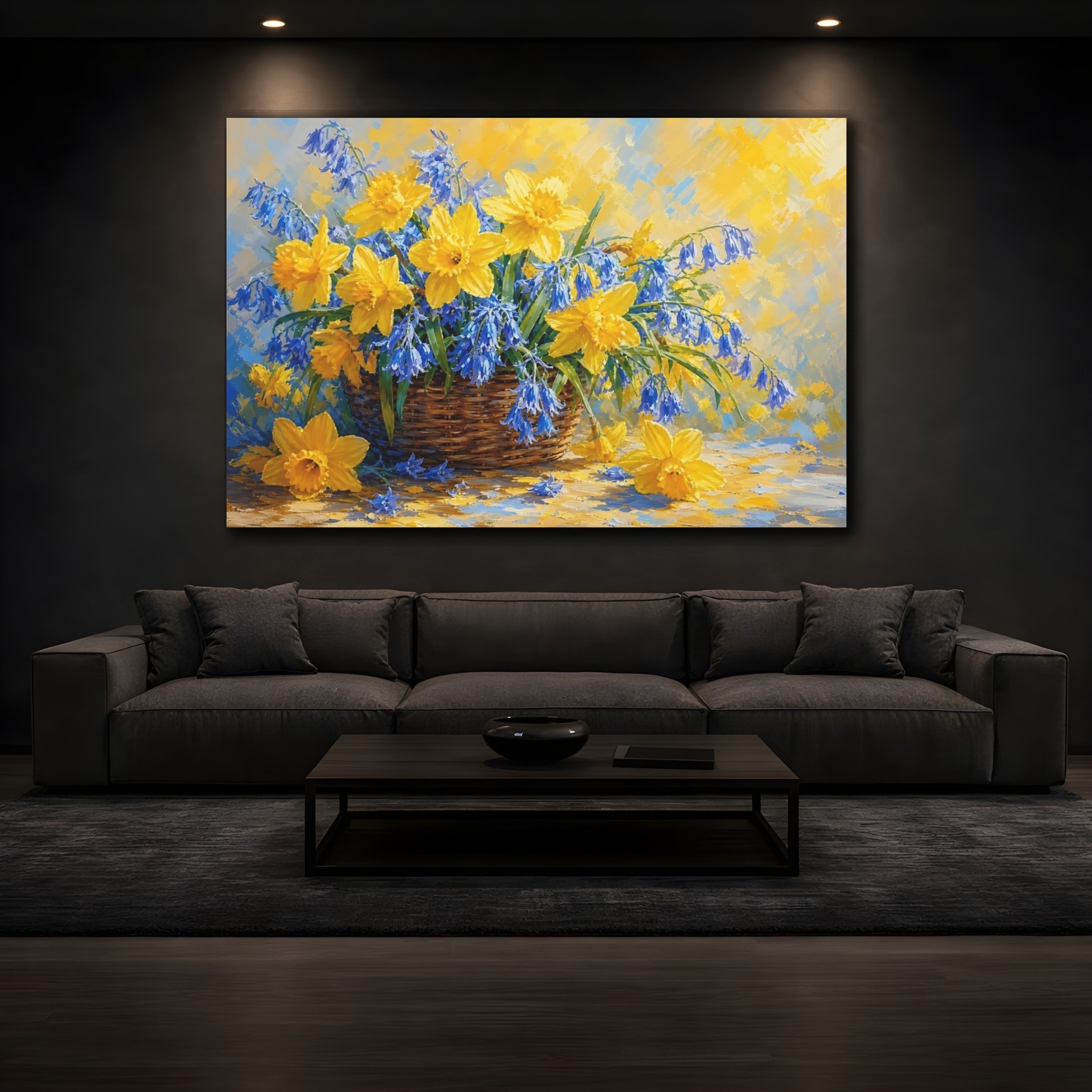 Mockup 3. Floral Daffodils Bluebells Yellow And Blue Flowers shown as stretched canvas wall art