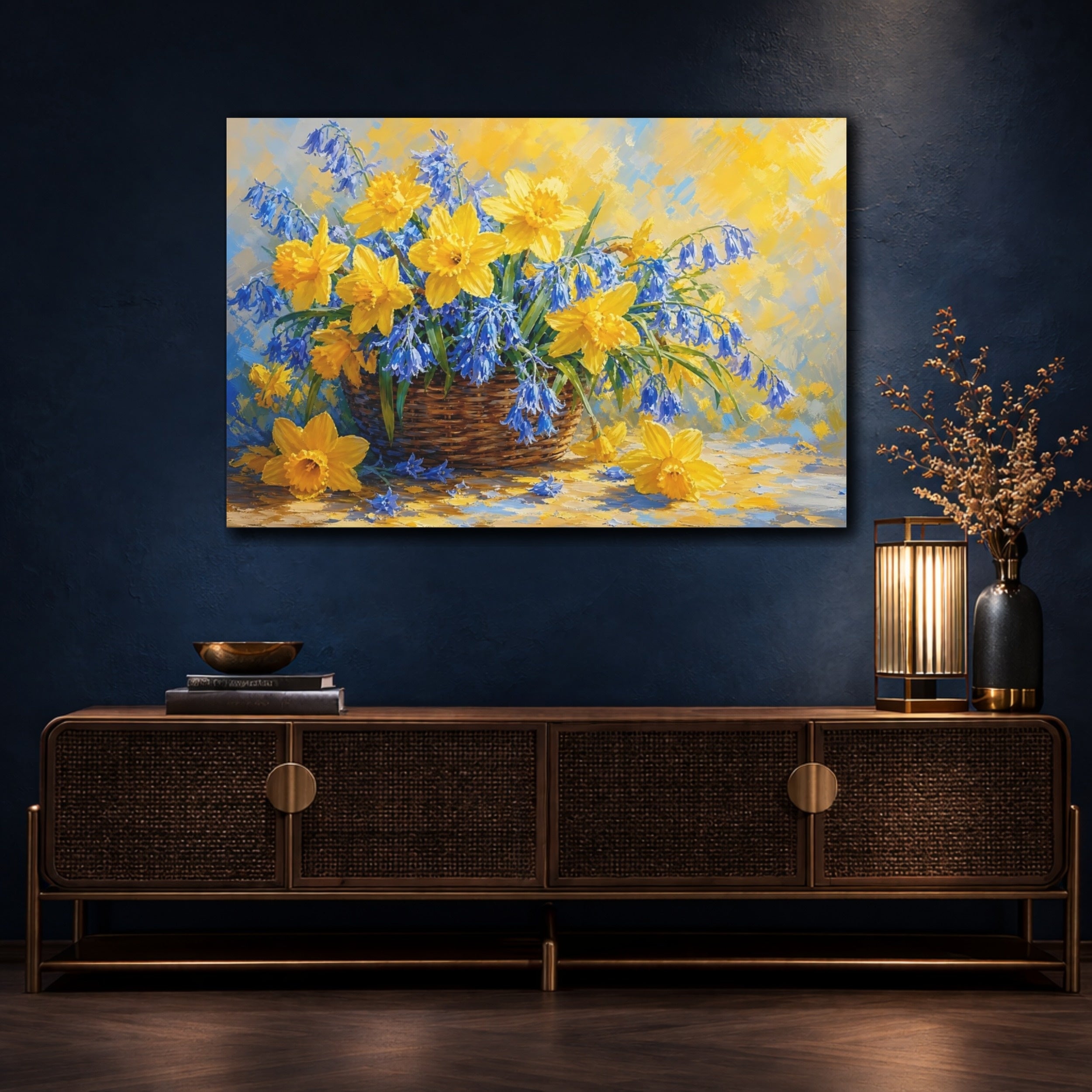 Mockup 4. Floral Daffodils Bluebells Yellow And Blue Flowers shown as stretched canvas wall art