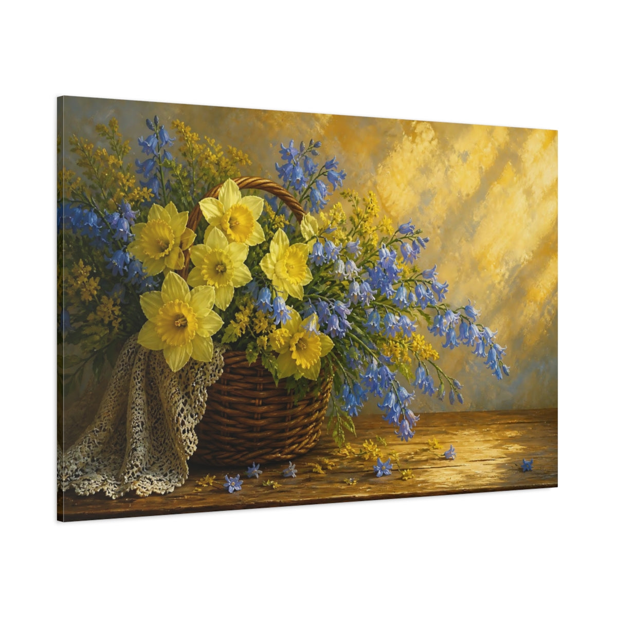 Side Mockup 1. Floral Daffodils Yellow And Blue Flowers shown as stretched canvas wall art