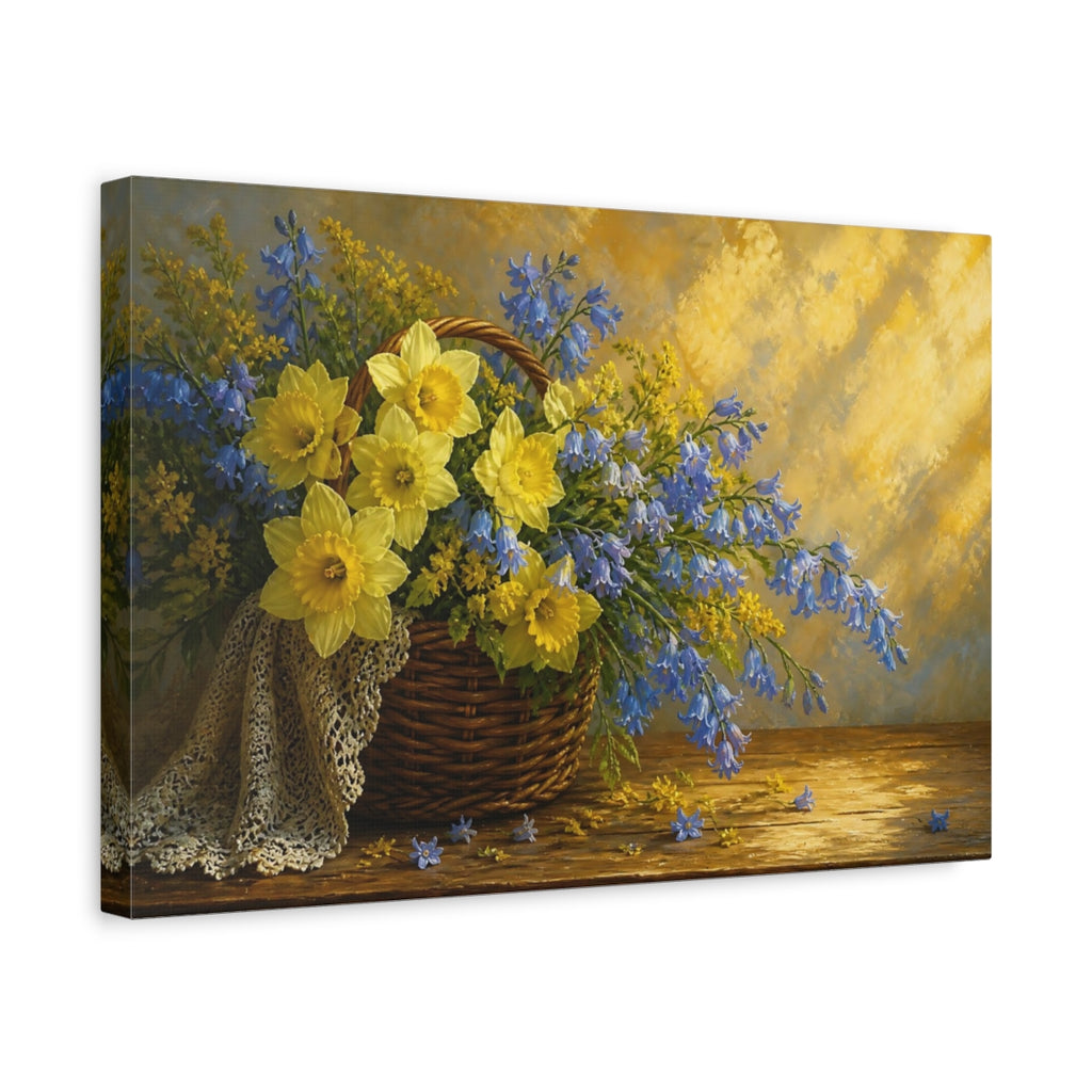 Side Mockup 4. Floral Daffodils Yellow And Blue Flowers shown as stretched canvas wall art