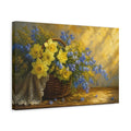 Side Mockup 4. Floral Daffodils Yellow And Blue Flowers shown as stretched canvas wall art