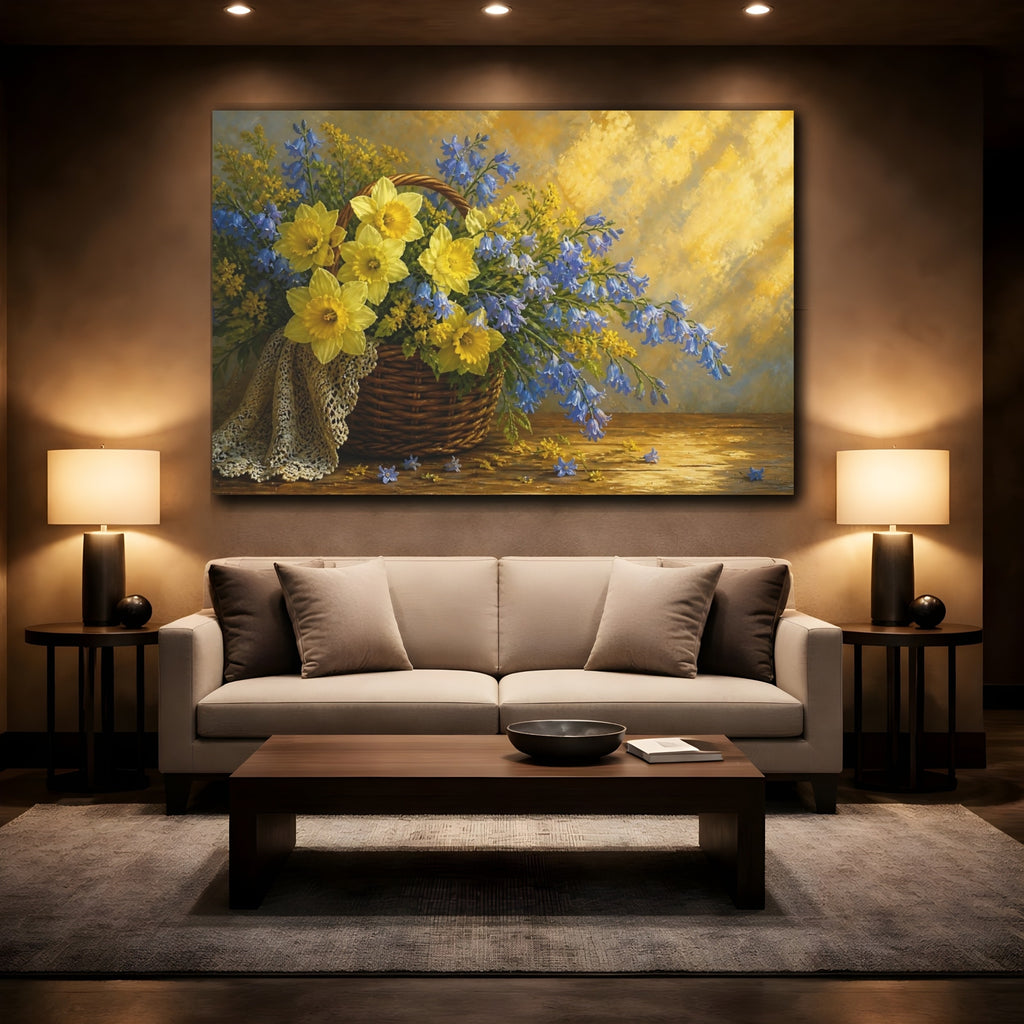 Mockup 2. Floral Daffodils Yellow And Blue Flowers shown as stretched canvas wall art