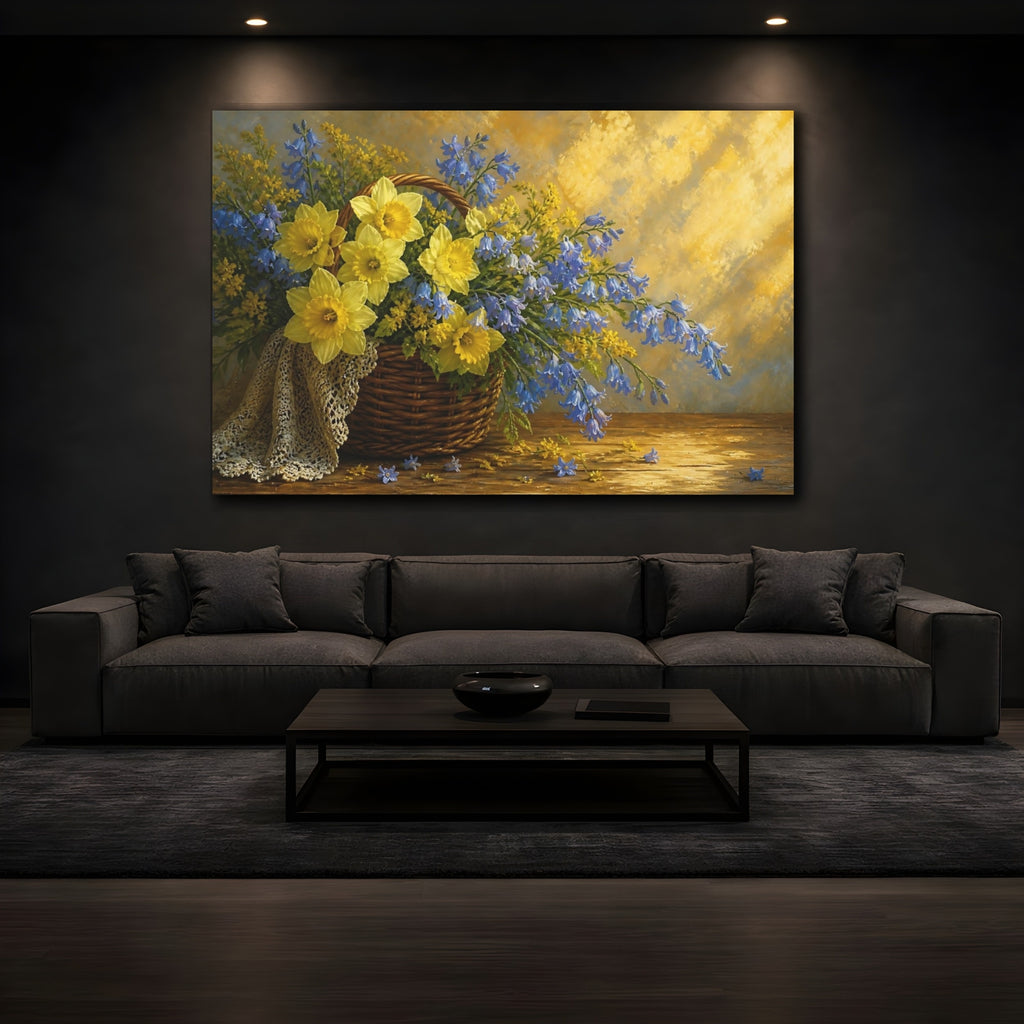 Mockup 3. Floral Daffodils Yellow And Blue Flowers shown as stretched canvas wall art