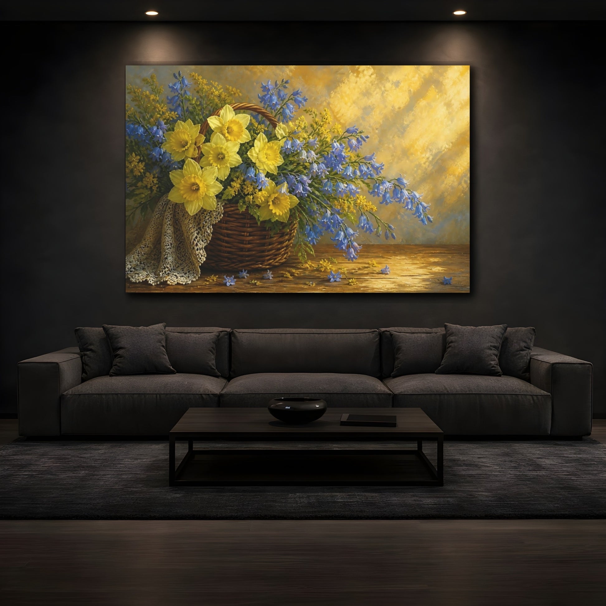 Mockup 3. Floral Daffodils Yellow And Blue Flowers shown as stretched canvas wall art