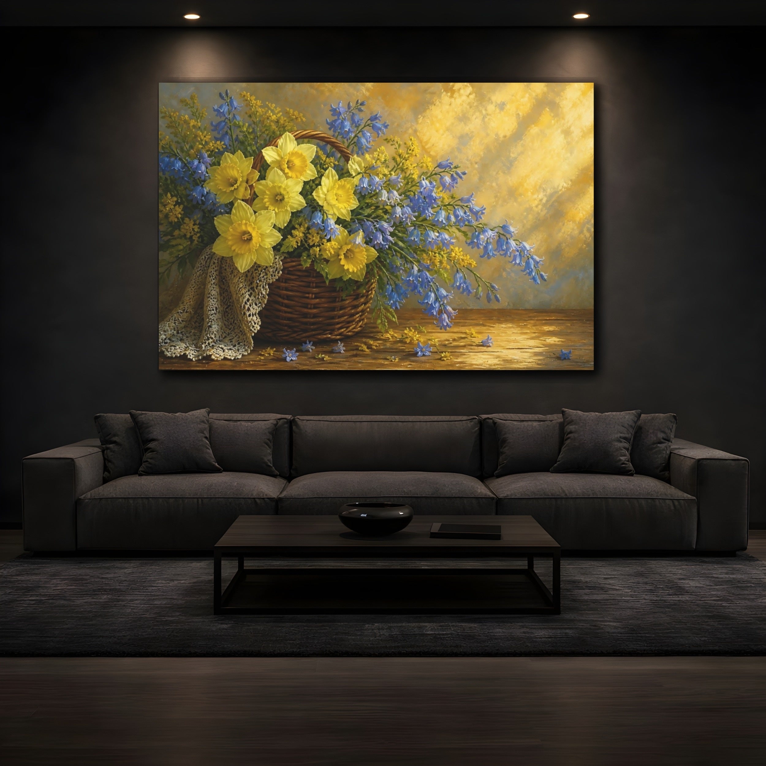 Mockup 3. Floral Daffodils Yellow And Blue Flowers shown as stretched canvas wall art