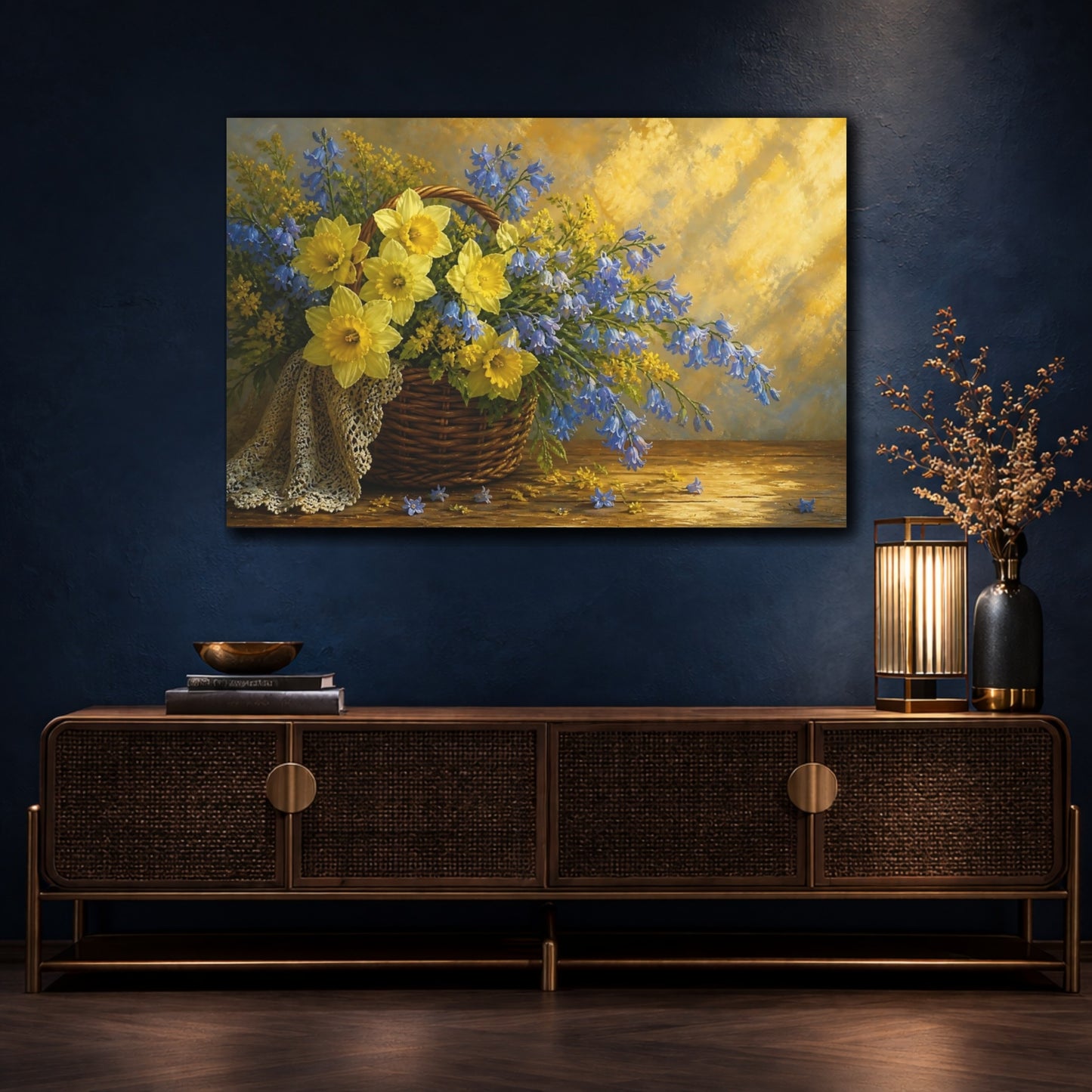 Mockup 4. Floral Daffodils Yellow And Blue Flowers shown as stretched canvas wall art