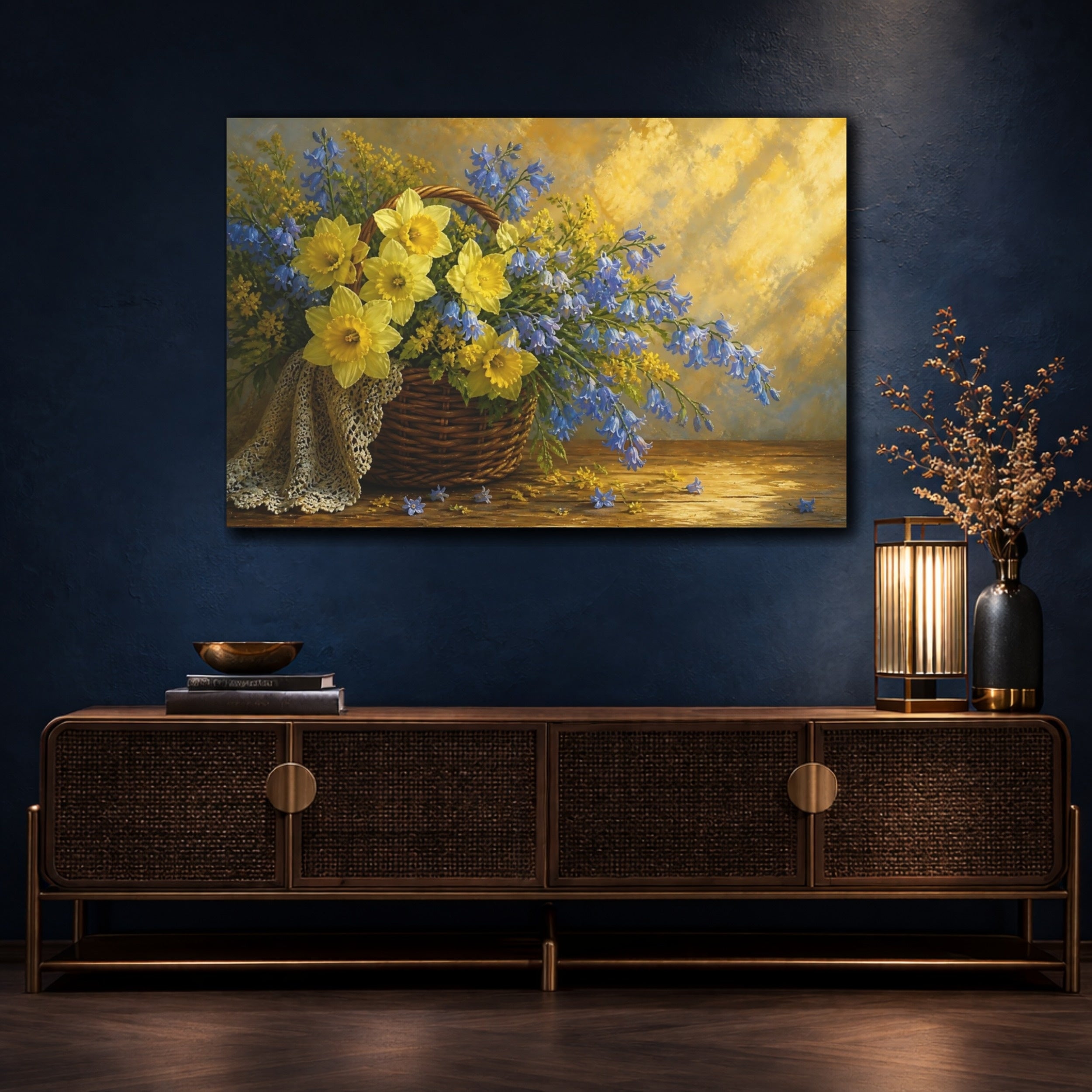 Mockup 4. Floral Daffodils Yellow And Blue Flowers shown as stretched canvas wall art