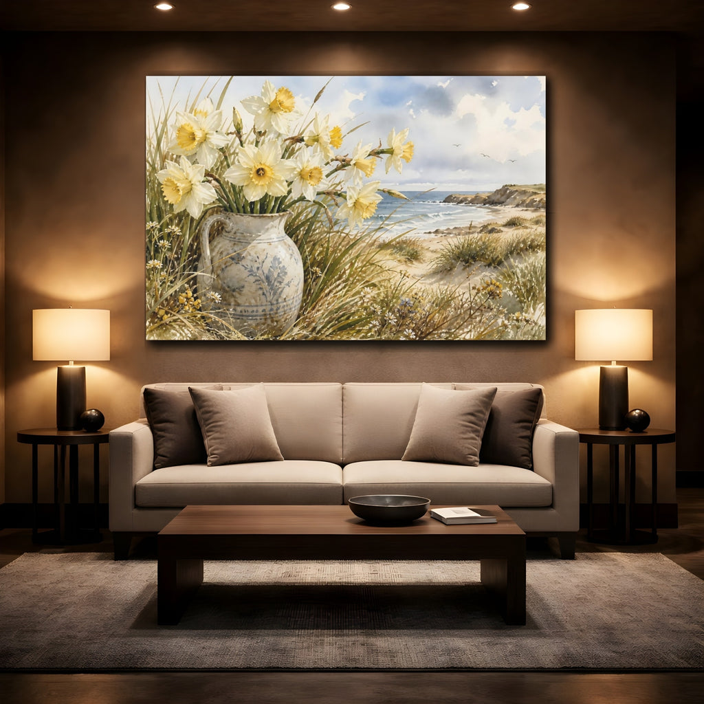 Mockup 2. Floral Daffodils Yellow And Blue shown as stretched canvas wall art