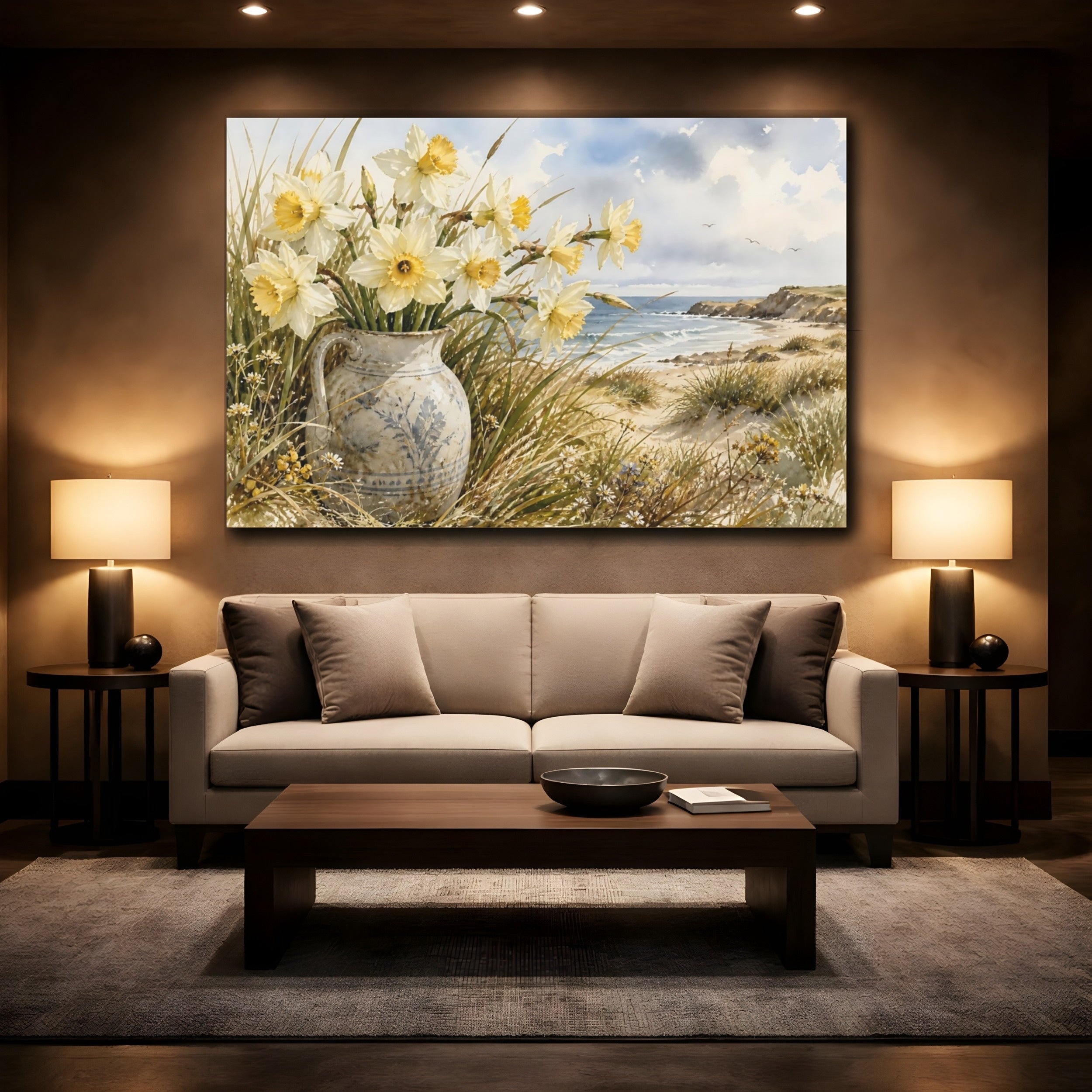 Mockup 2. Floral Daffodils Yellow And Blue shown as stretched canvas wall art