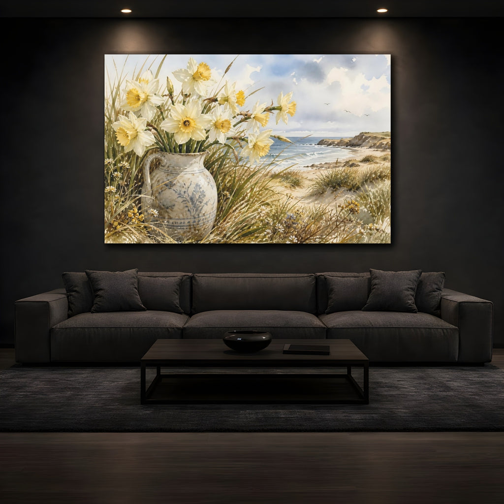 Mockup 3. Floral Daffodils Yellow And Blue shown as stretched canvas wall art