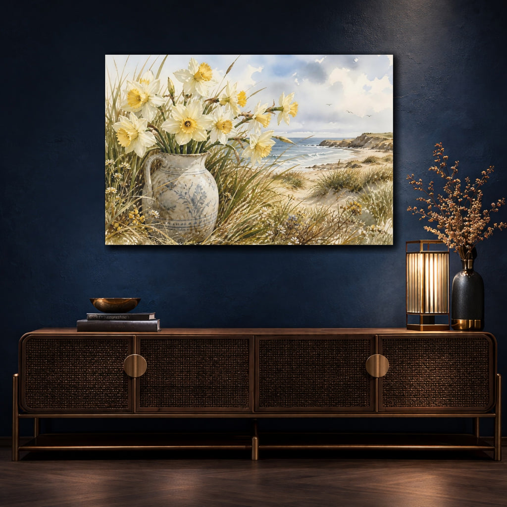 Mockup 4. Floral Daffodils Yellow And Blue shown as stretched canvas wall art