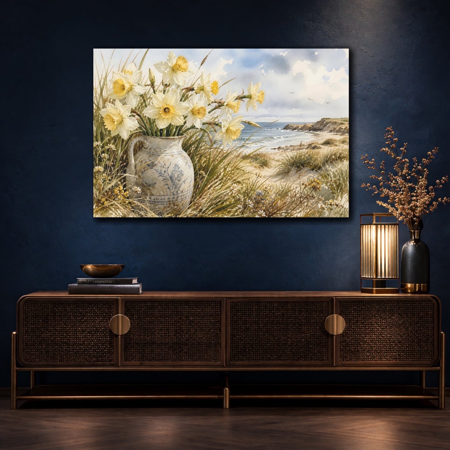 Mockup 4. Floral Daffodils Yellow And Blue shown as stretched canvas wall art