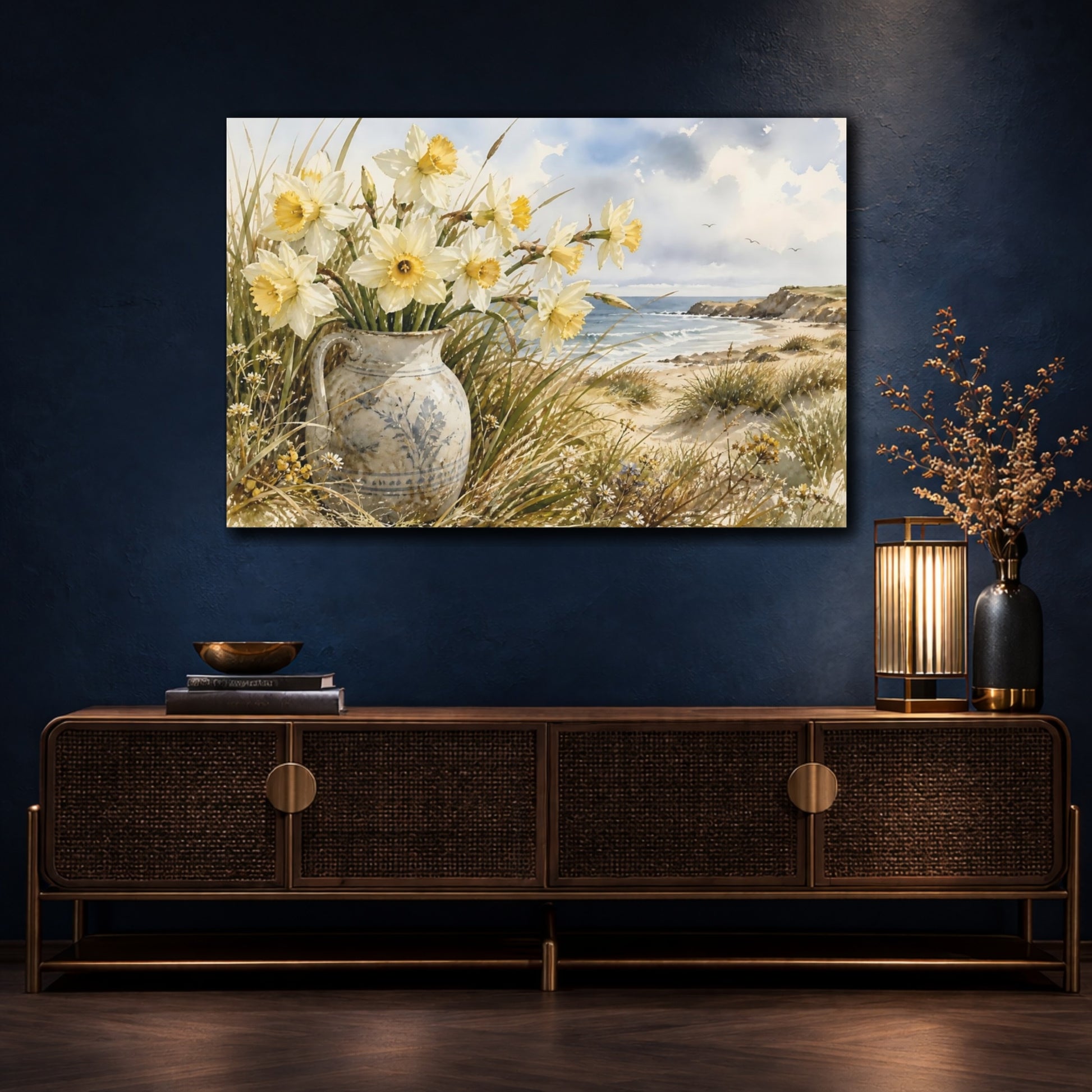 Mockup 4. Floral Daffodils Yellow And Blue shown as stretched canvas wall art
