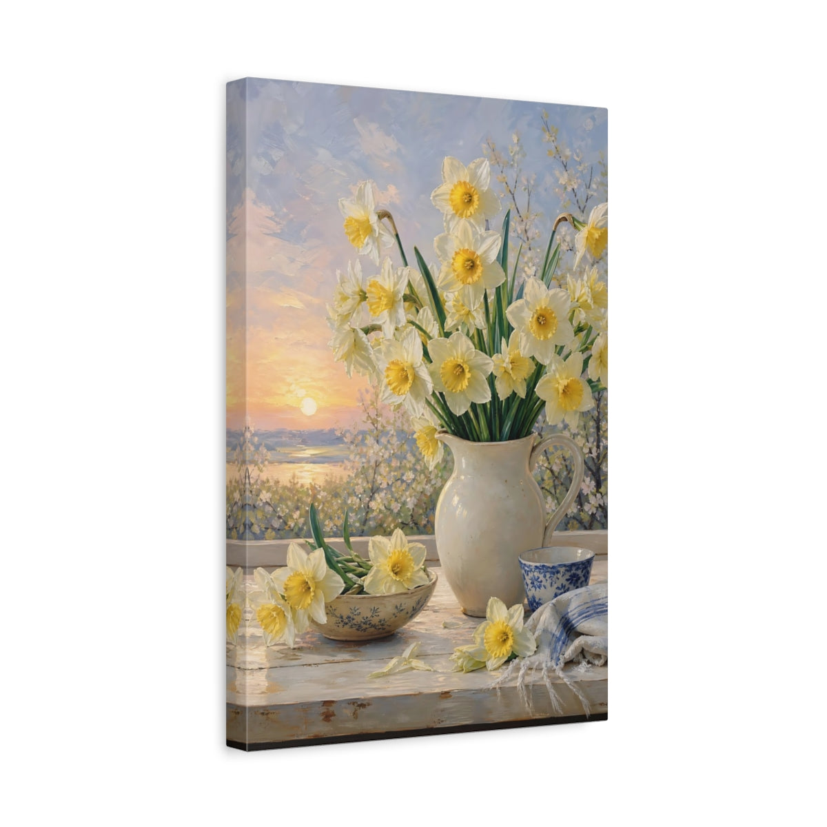 Side Mockup 4. Floral Daffodils Yellow And White Floral shown as stretched canvas wall art