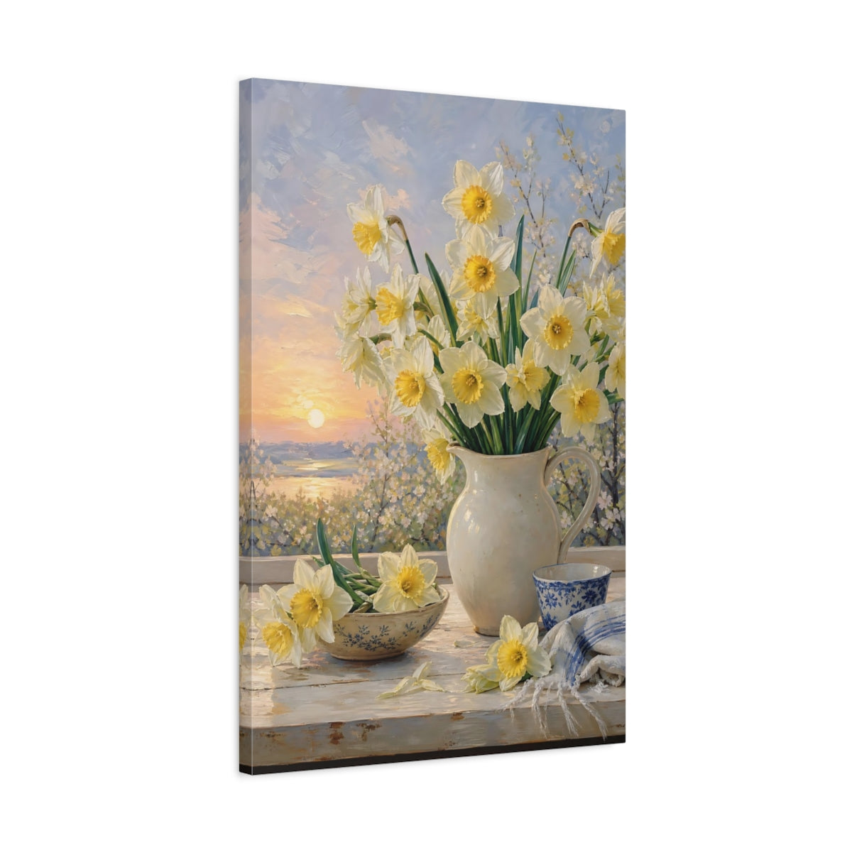 Side Mockup 2. Floral Daffodils Yellow And White Floral shown as stretched canvas wall art