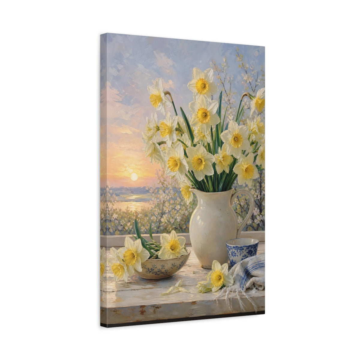 Side Mockup 3. Floral Daffodils Yellow And White Floral shown as stretched canvas wall art