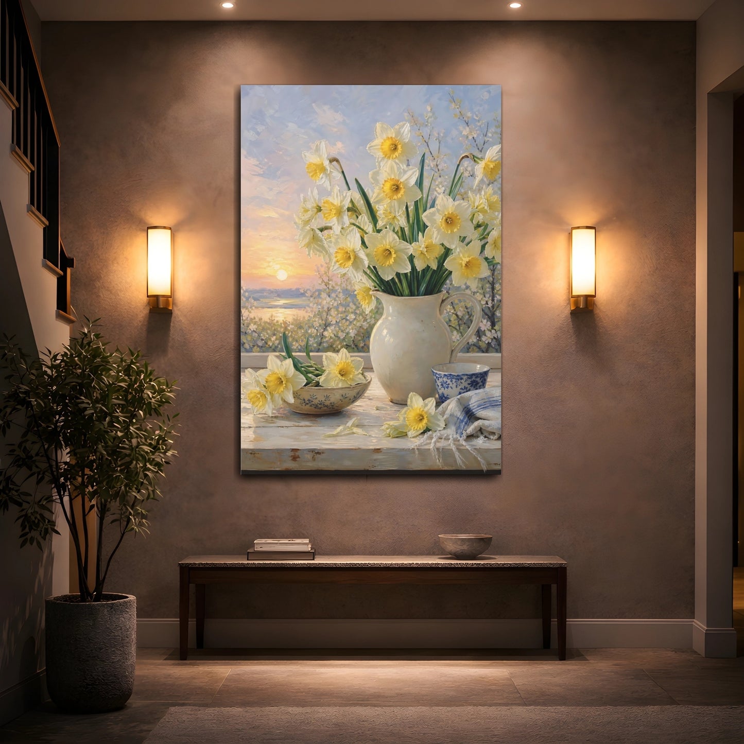 Mockup 2. Floral Daffodils Yellow And White Floral shown as stretched canvas wall art