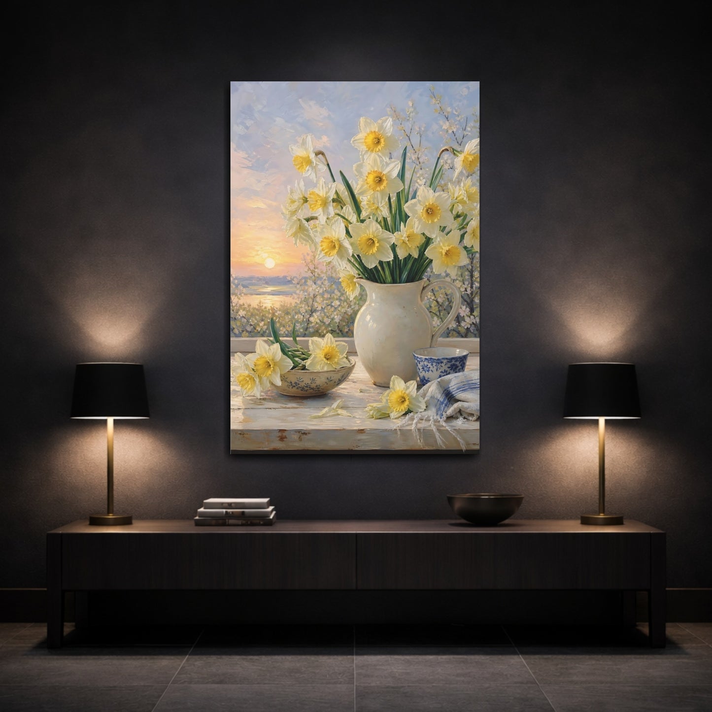 Mockup 3. Floral Daffodils Yellow And White Floral shown as stretched canvas wall art