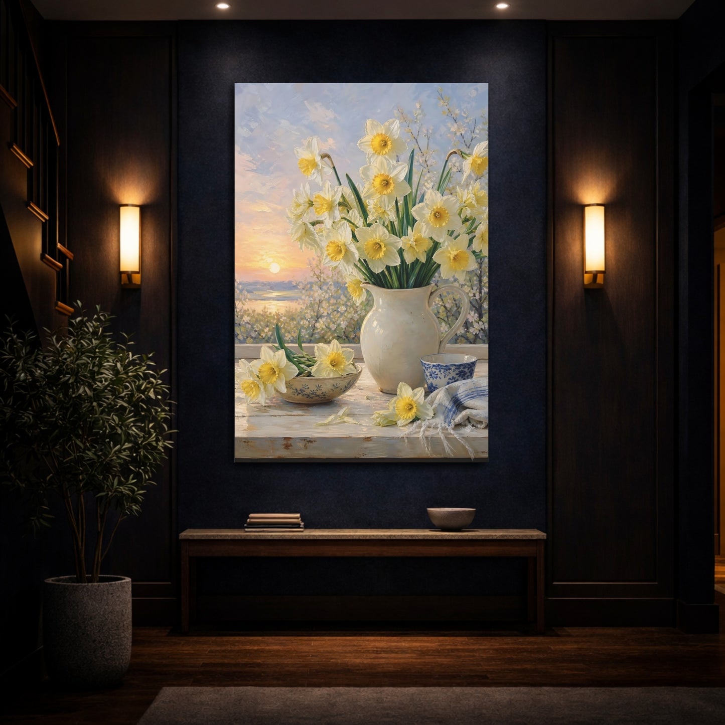 Mockup 4. Floral Daffodils Yellow And White Floral shown as stretched canvas wall art