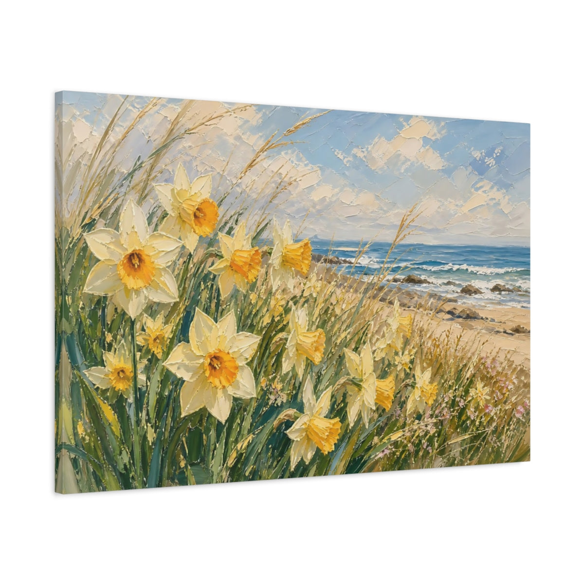 Main Mockup. Floral Daffodils Yellow Coastal Floral shown as stretched canvas wall art
