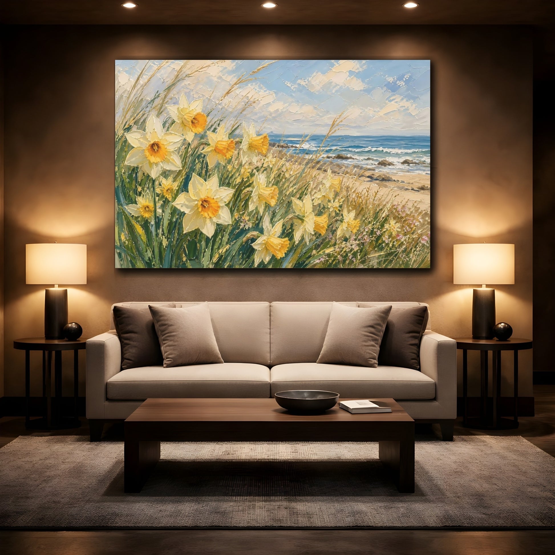 Mockup 2. Floral Daffodils Yellow Coastal Floral shown as stretched canvas wall art