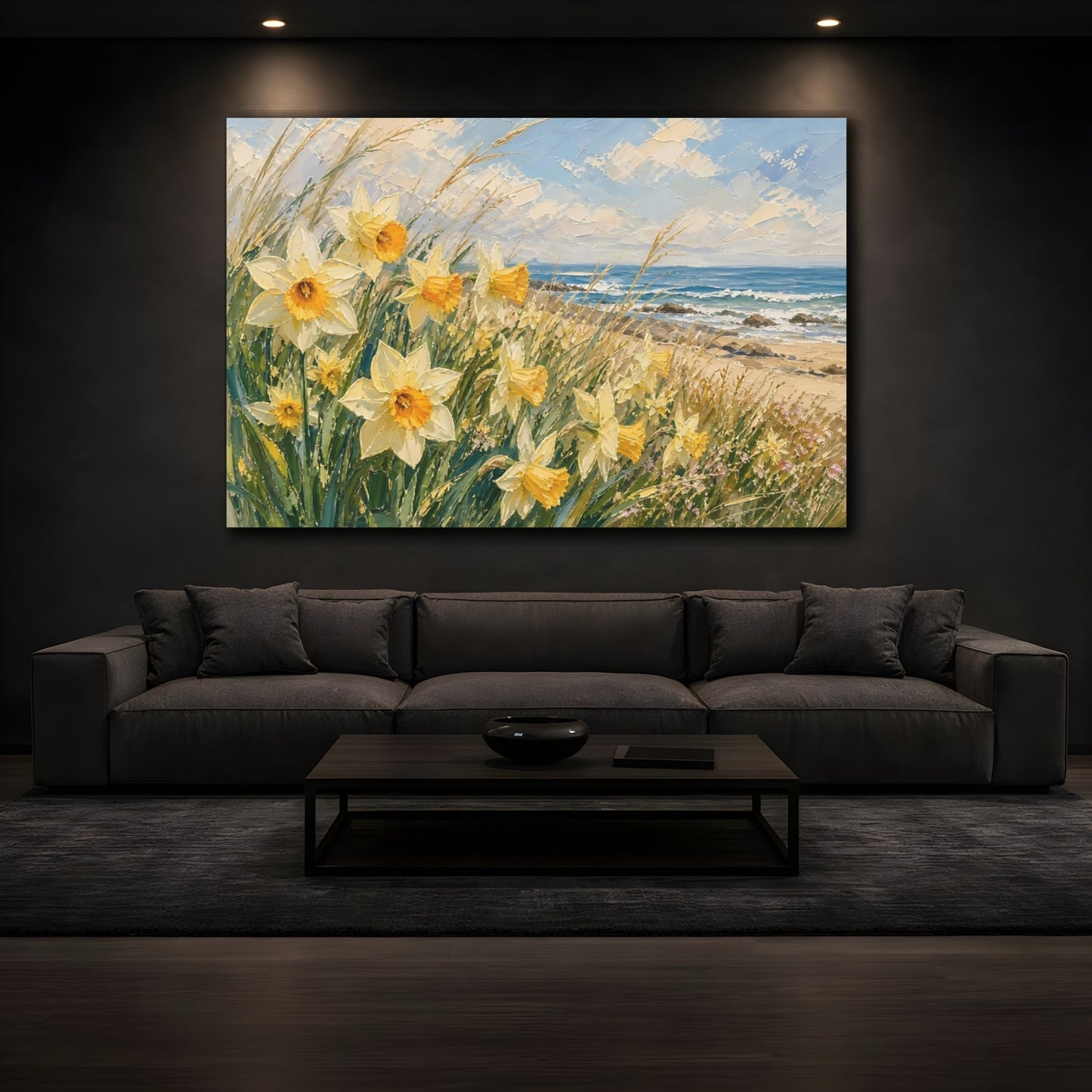Mockup 3. Floral Daffodils Yellow Coastal Floral shown as stretched canvas wall art