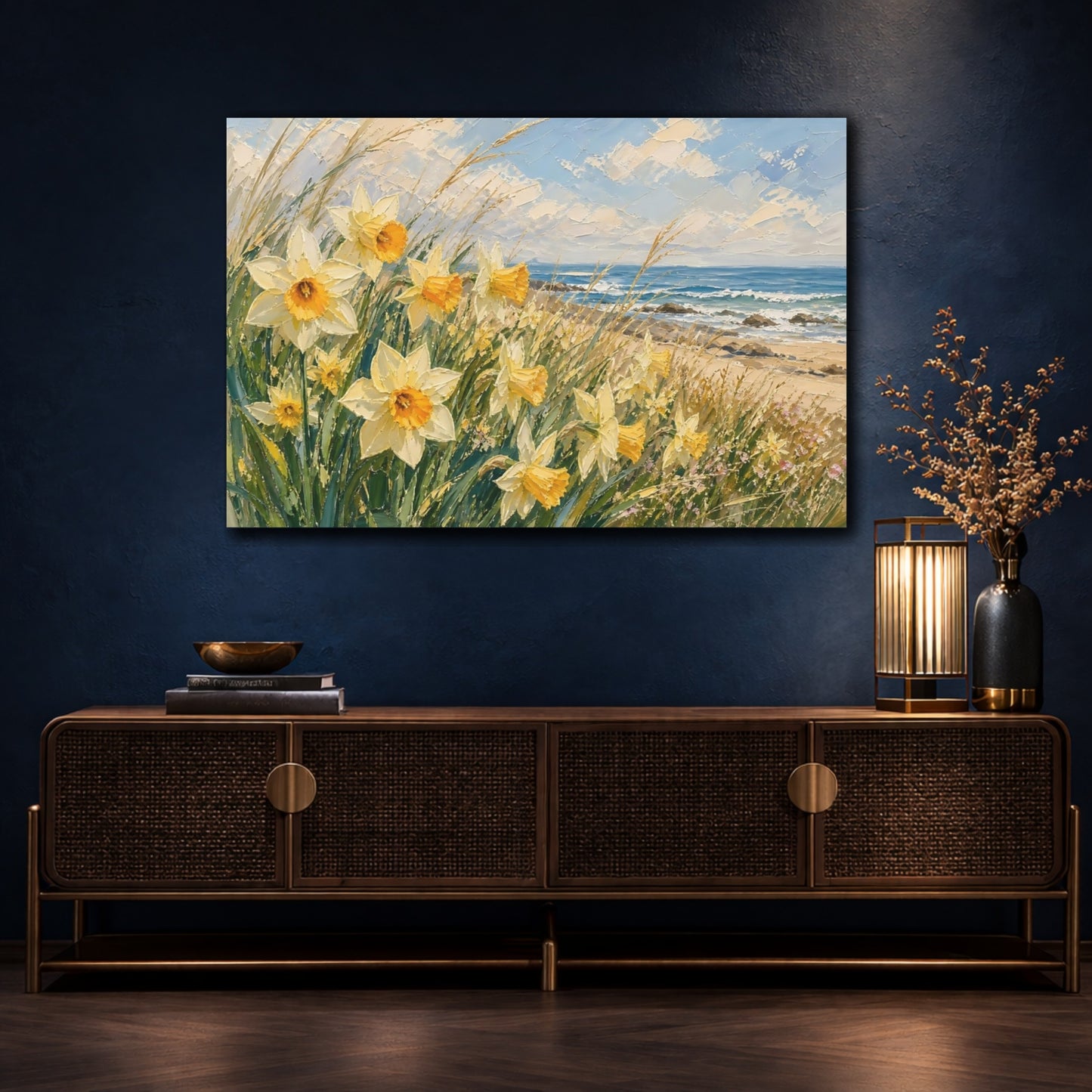 Mockup 4. Floral Daffodils Yellow Coastal Floral shown as stretched canvas wall art