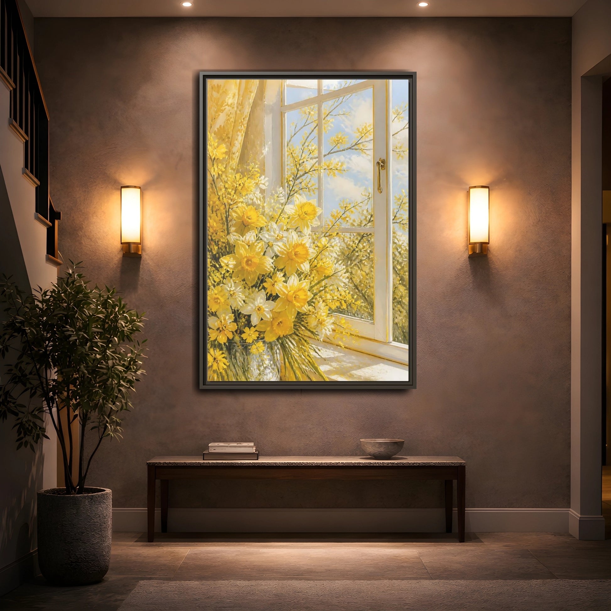 Mockup 2. Floral Daffodils Yellow Daffodils shown as stretched canvas wall art
