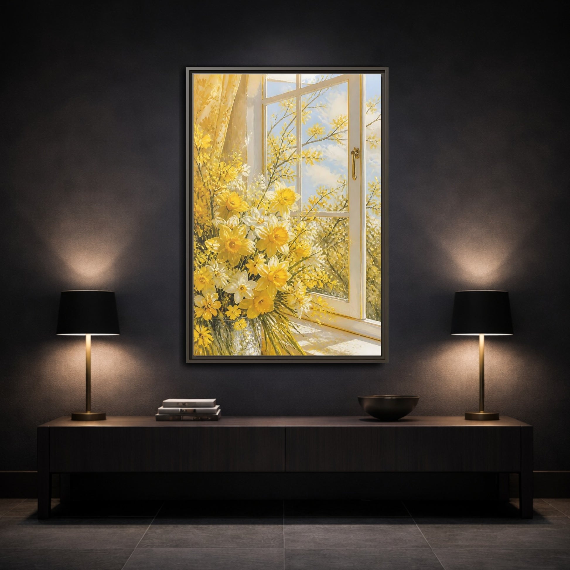 Mockup 3. Floral Daffodils Yellow Daffodils shown as stretched canvas wall art