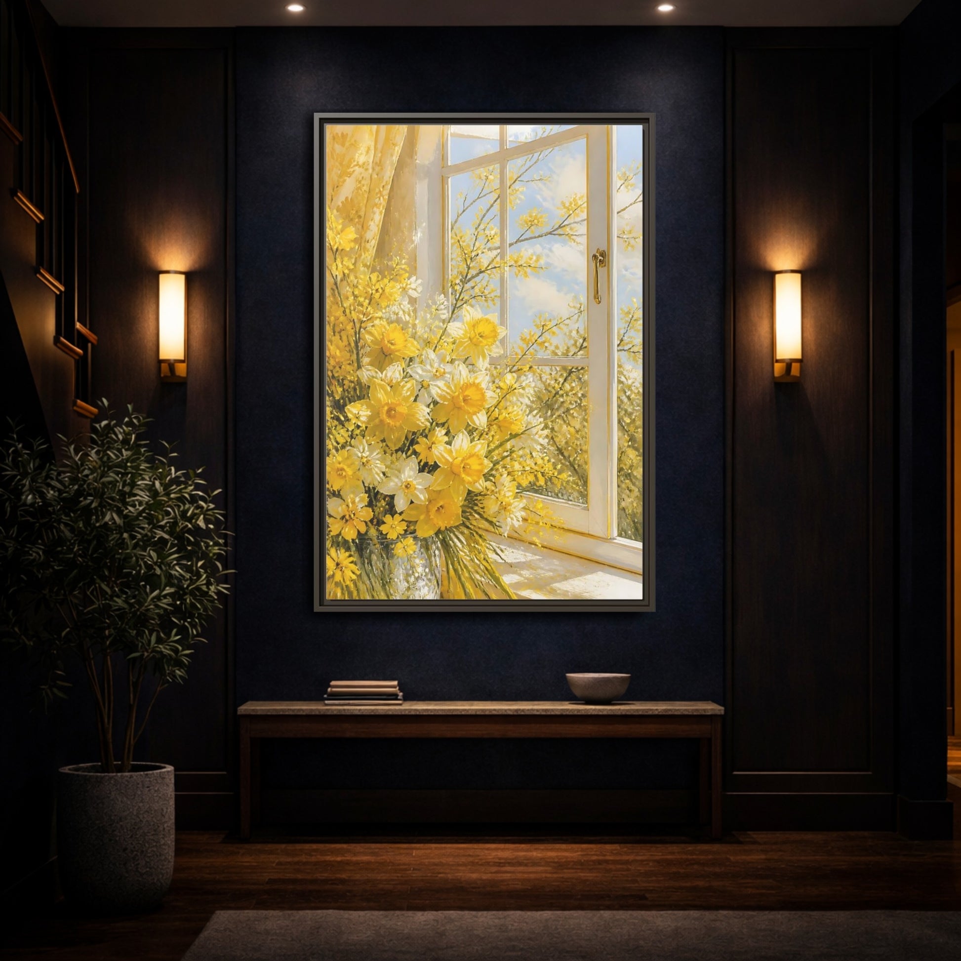 Mockup 4. Floral Daffodils Yellow Daffodils shown as stretched canvas wall art