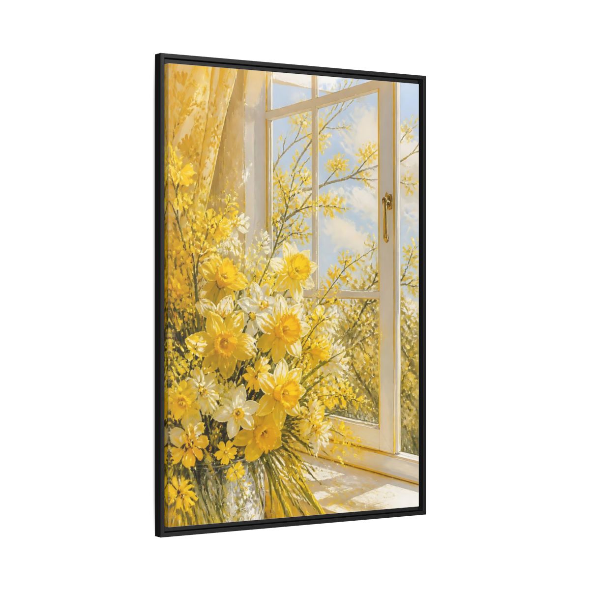 Side Mockup 12. Floral Daffodils Yellow Daffodils shown as stretched canvas wall art