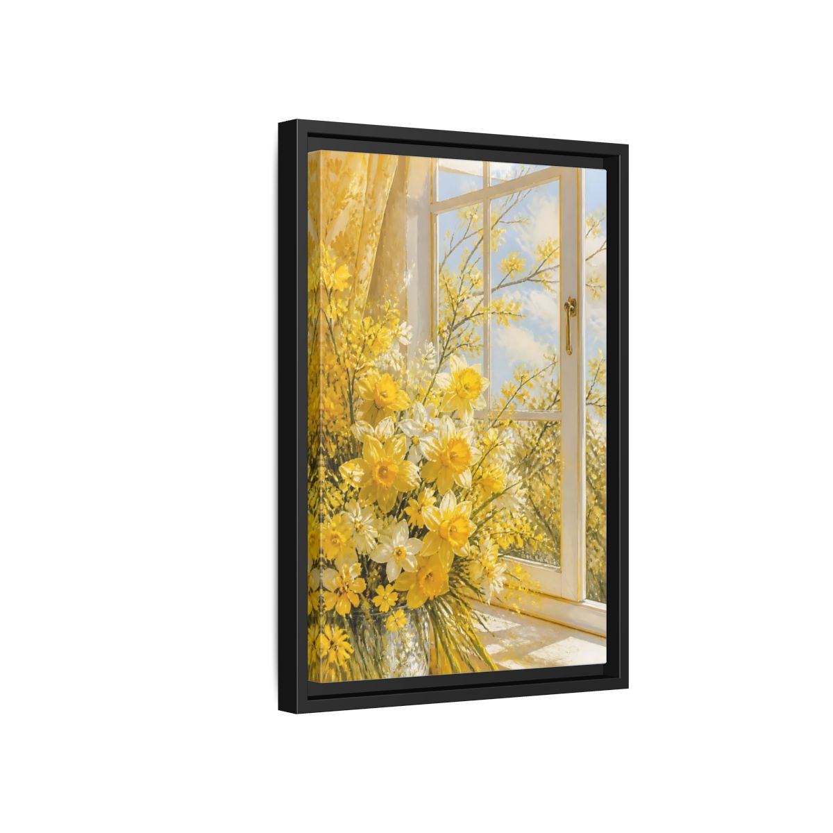 Side Mockup 6. Floral Daffodils Yellow Daffodils shown as stretched canvas wall art