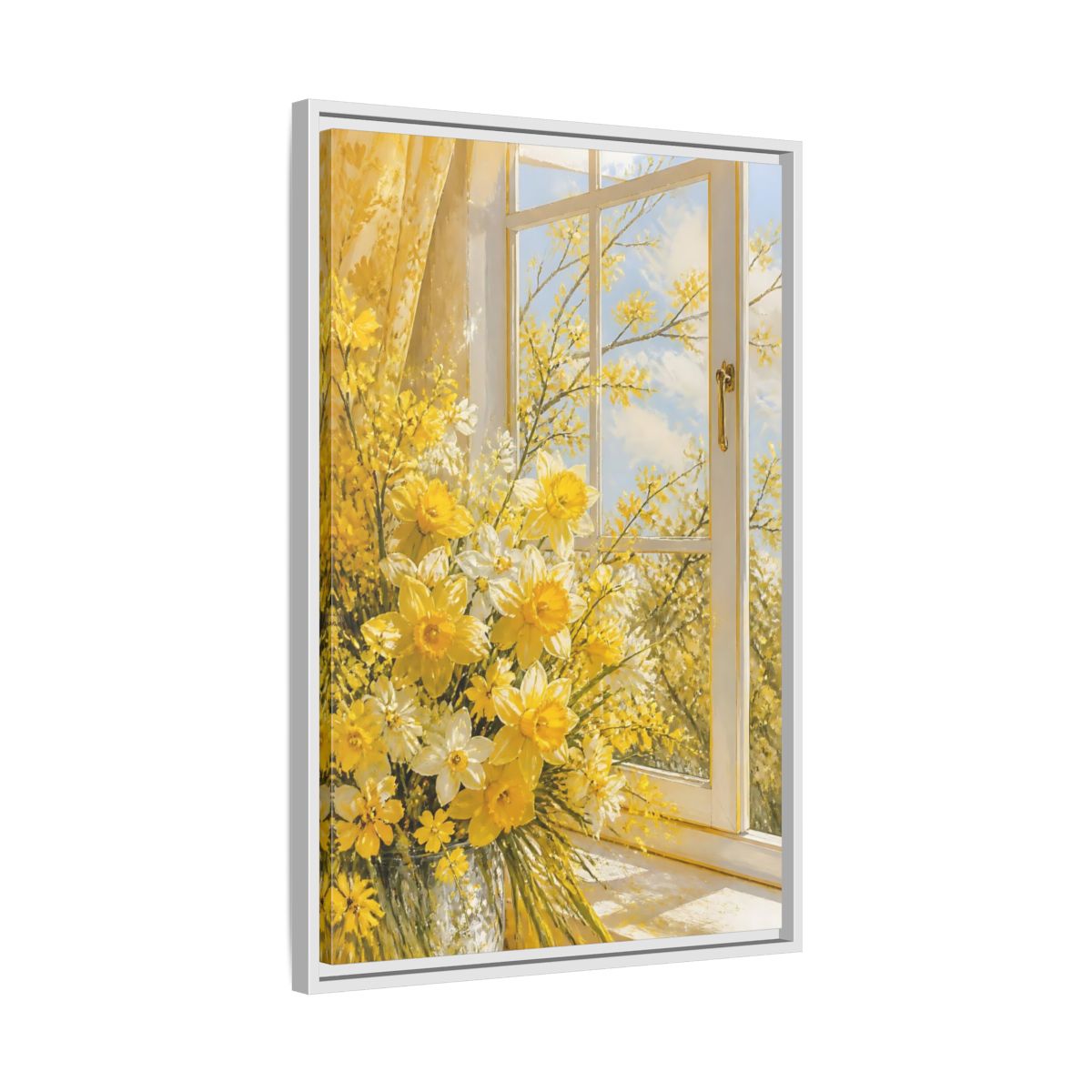 Side Mockup 10. Floral Daffodils Yellow Daffodils shown as stretched canvas wall art