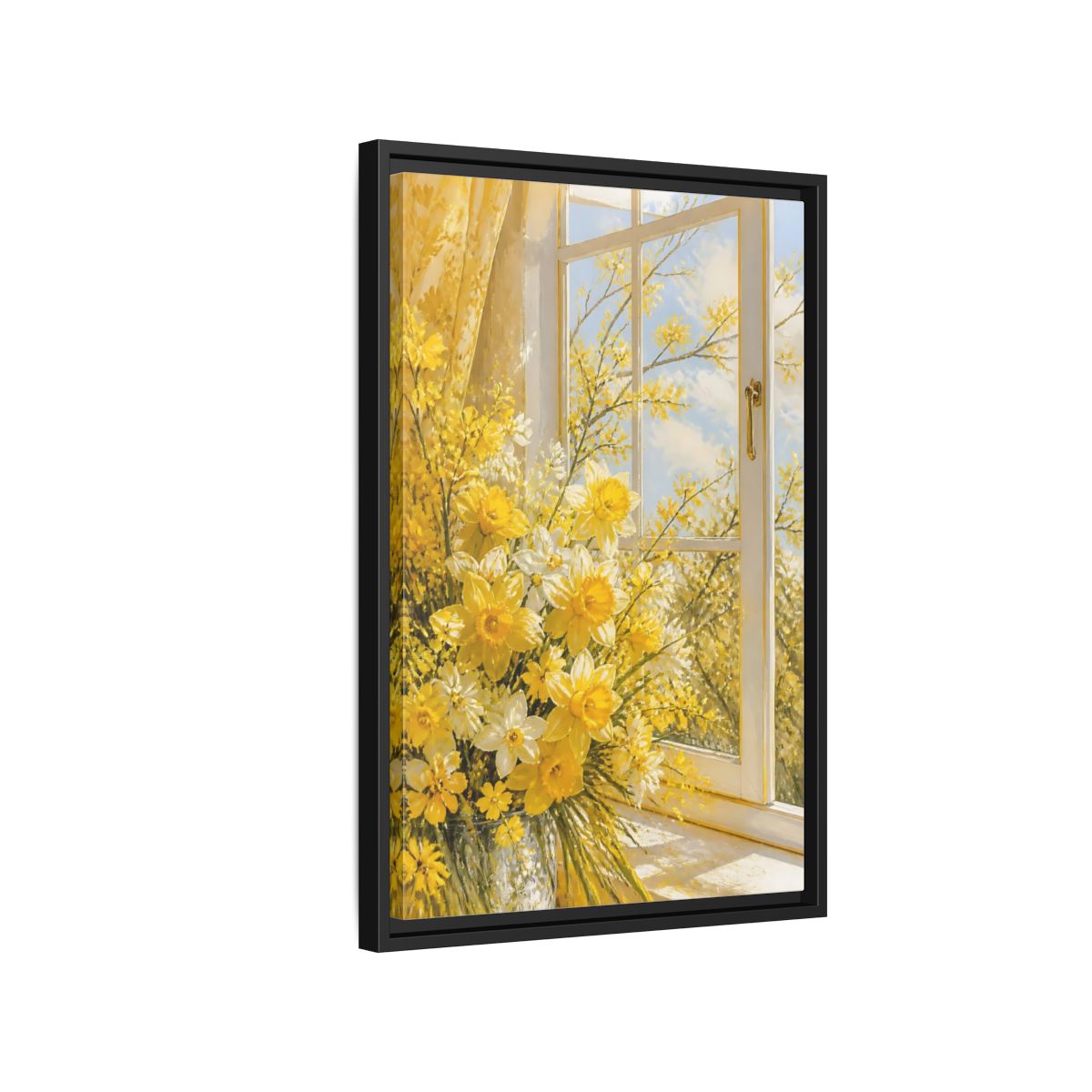 Side Mockup 3. Floral Daffodils Yellow Daffodils shown as stretched canvas wall art