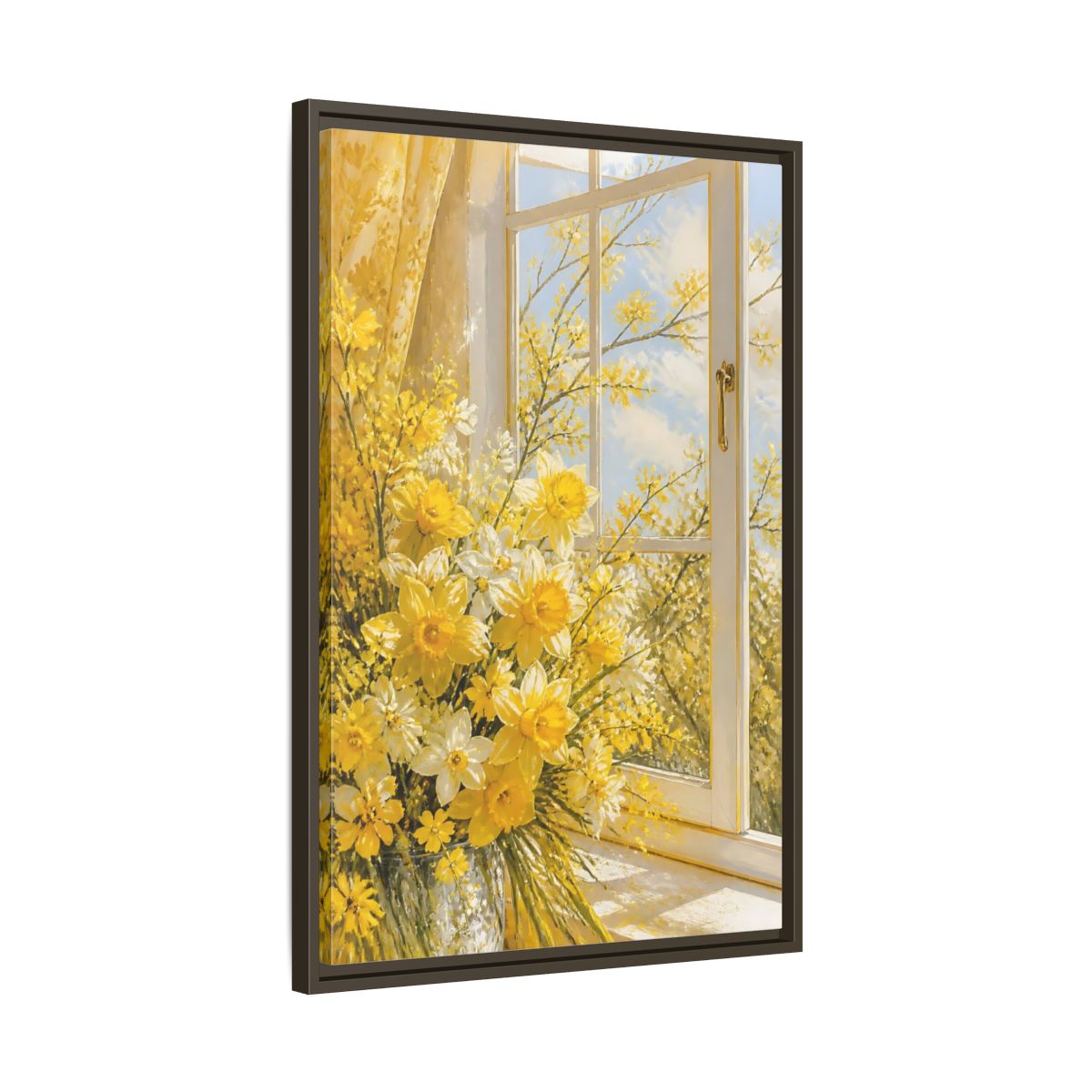 Side Mockup 11. Floral Daffodils Yellow Daffodils shown as stretched canvas wall art