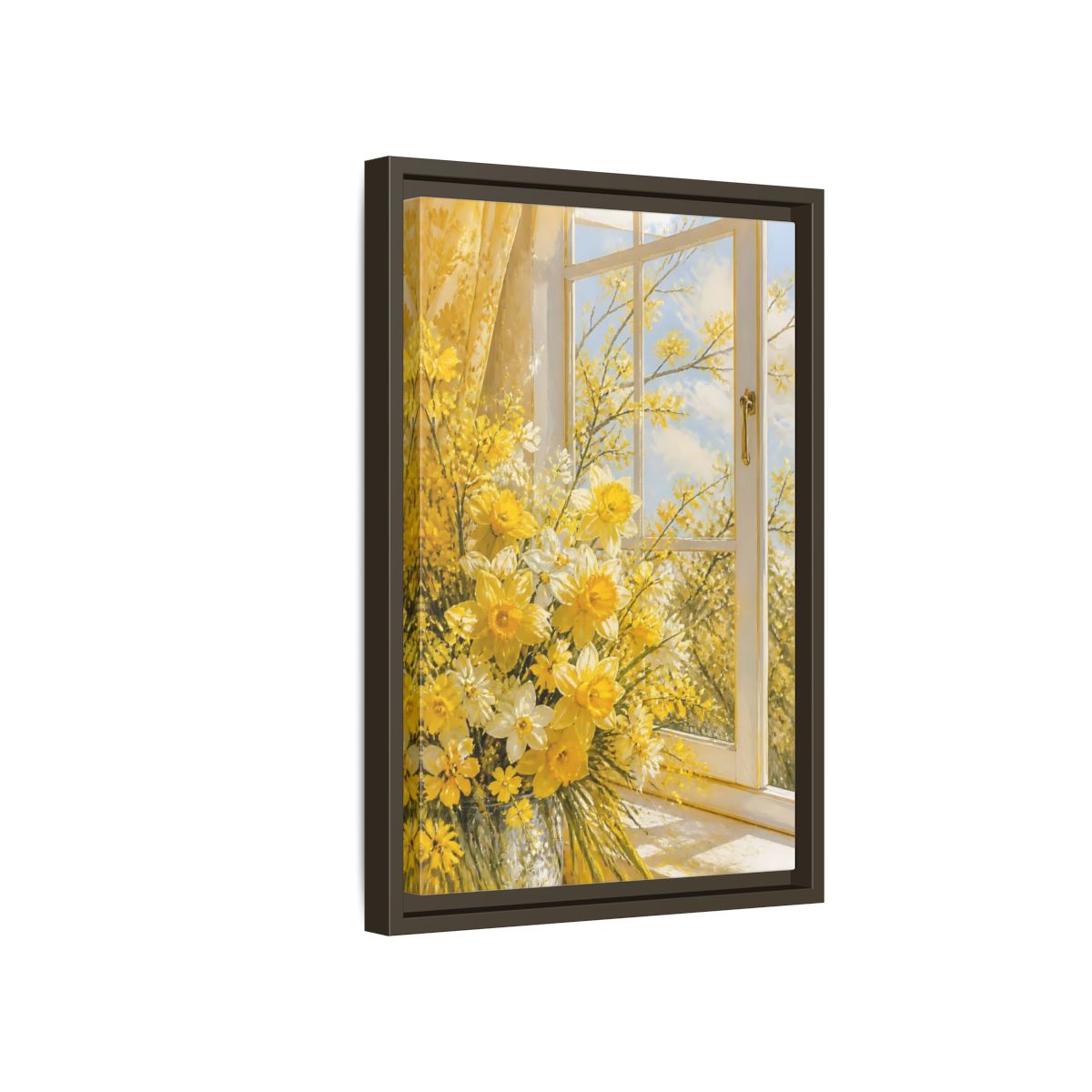 Side Mockup 5. Floral Daffodils Yellow Daffodils shown as stretched canvas wall art