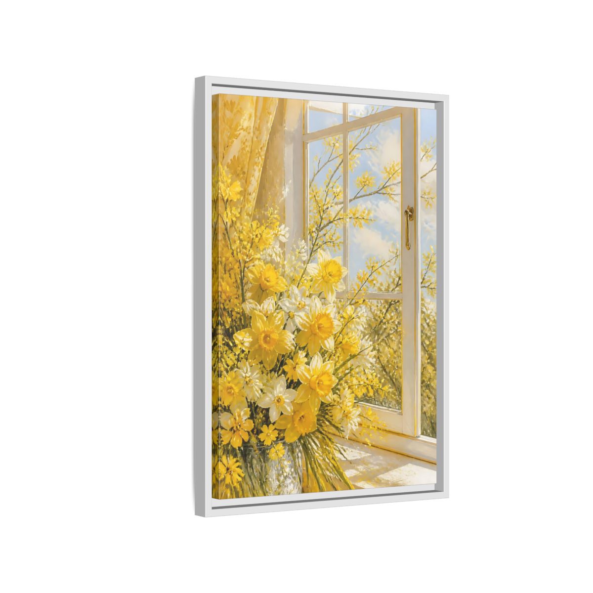 Side Mockup 1. Floral Daffodils Yellow Daffodils shown as stretched canvas wall art