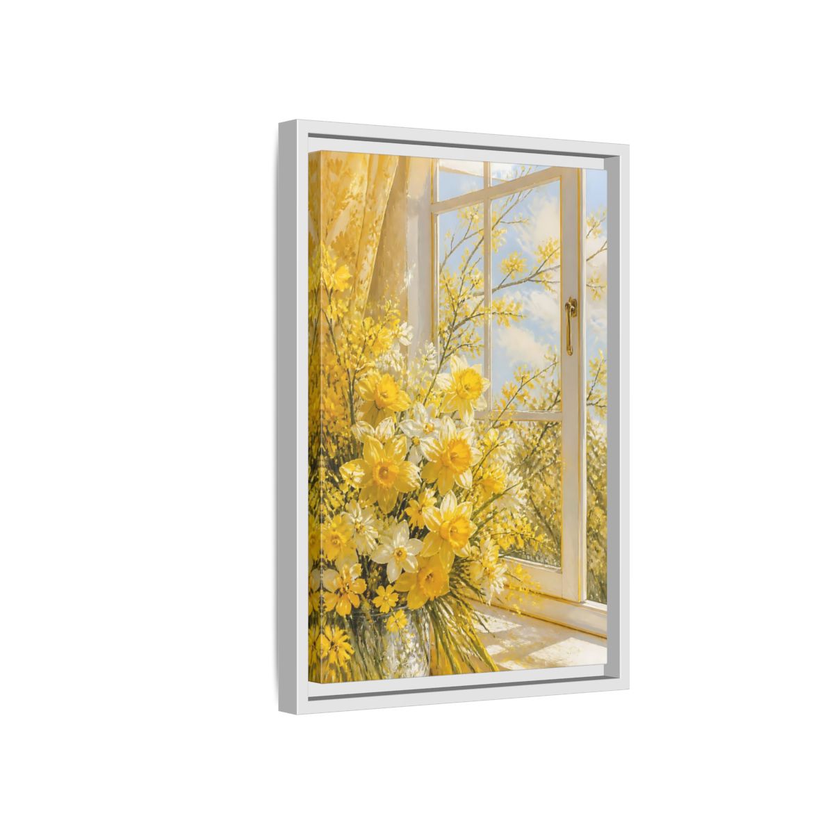 Side Mockup 4. Floral Daffodils Yellow Daffodils shown as stretched canvas wall art