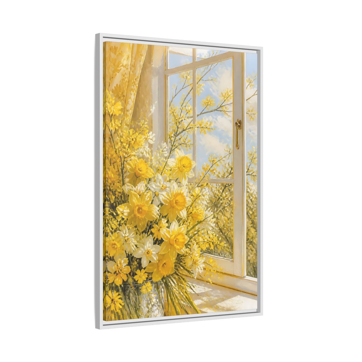 Side Mockup 9. Floral Daffodils Yellow Daffodils shown as stretched canvas wall art