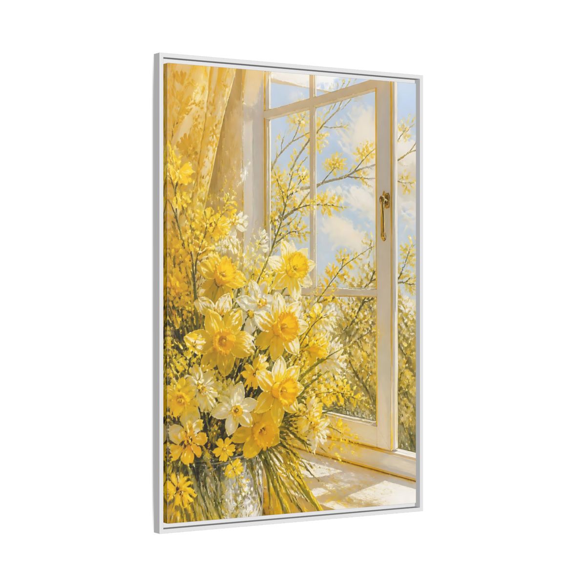 Side Mockup 7. Floral Daffodils Yellow Daffodils shown as stretched canvas wall art
