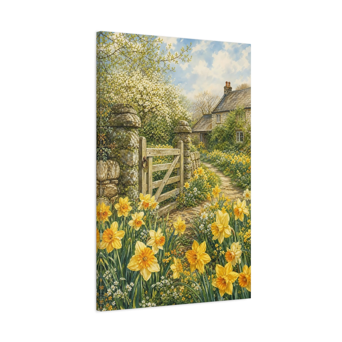 Main Mockup. Floral Daffodils Yellow Spring shown as stretched canvas wall art