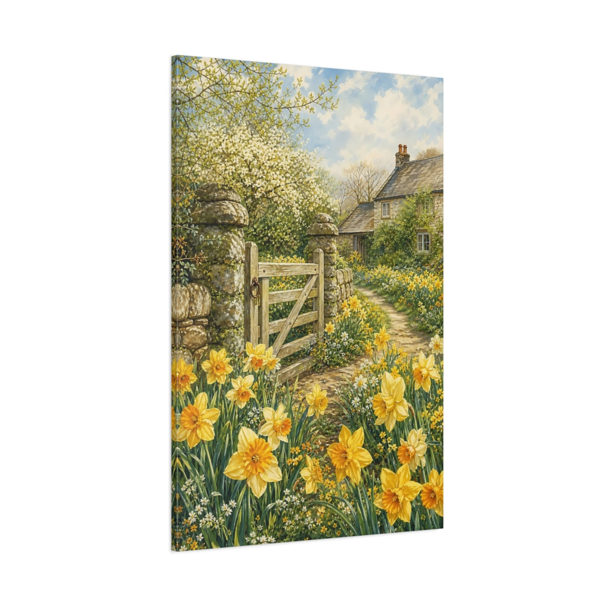 Side Mockup 1. Floral Daffodils Yellow Spring shown as stretched canvas wall art