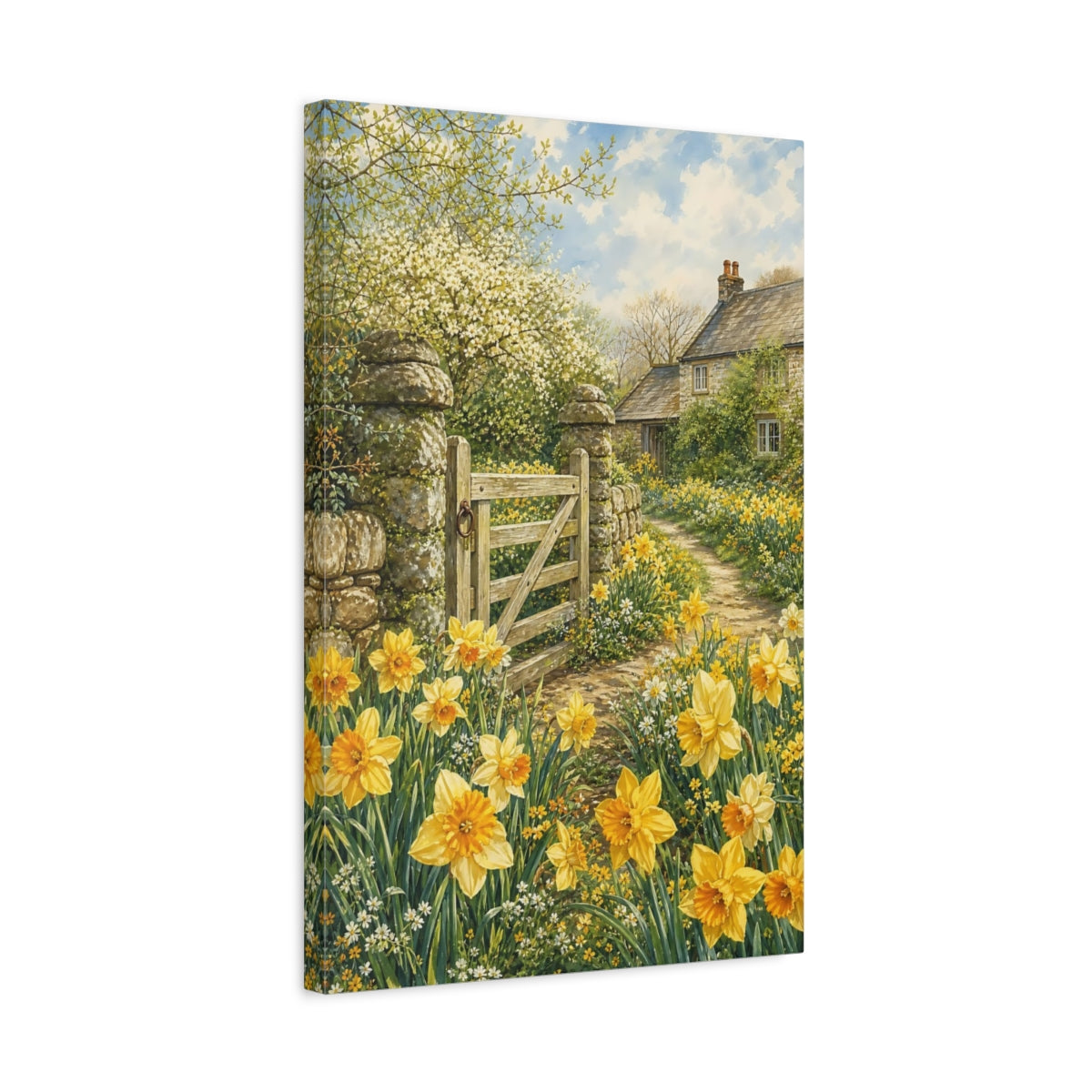 Side Mockup 3. Floral Daffodils Yellow Spring shown as stretched canvas wall art