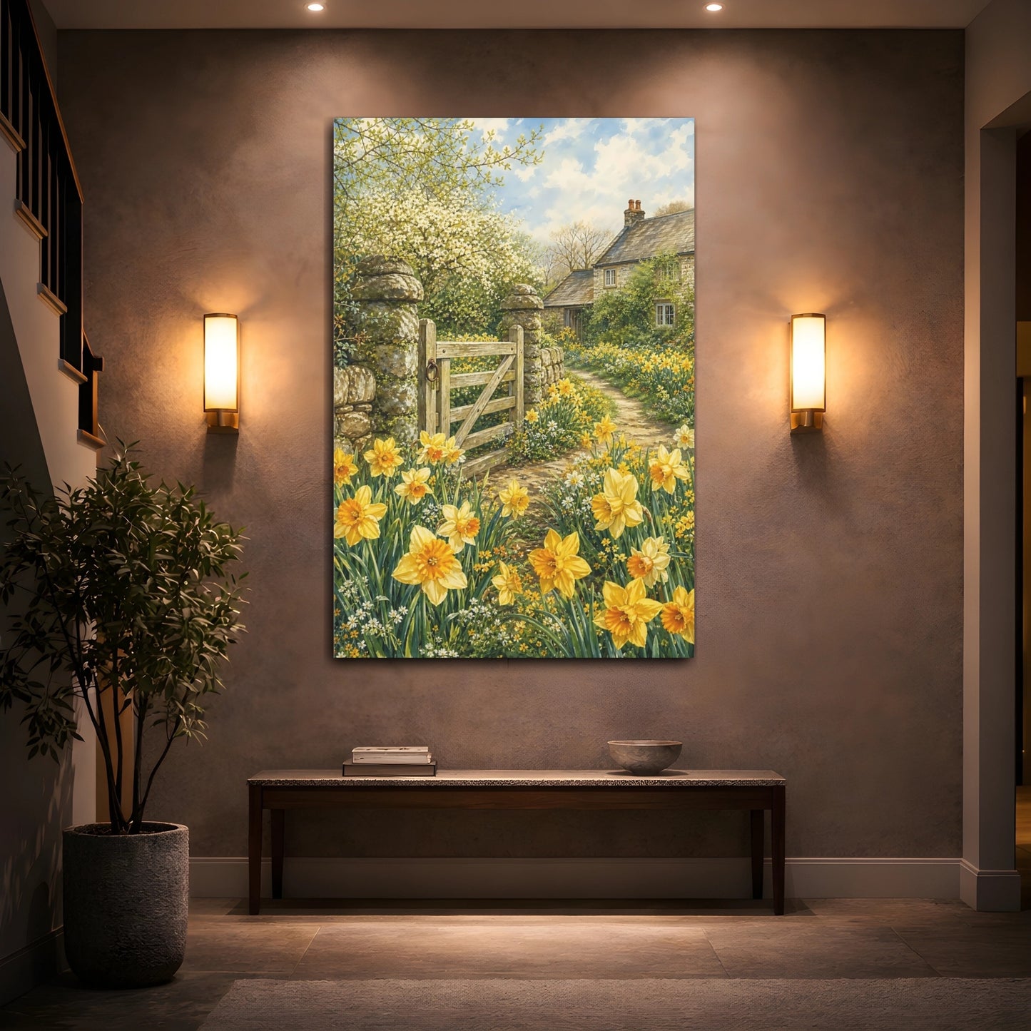 Mockup 2. Floral Daffodils Yellow Spring shown as stretched canvas wall art